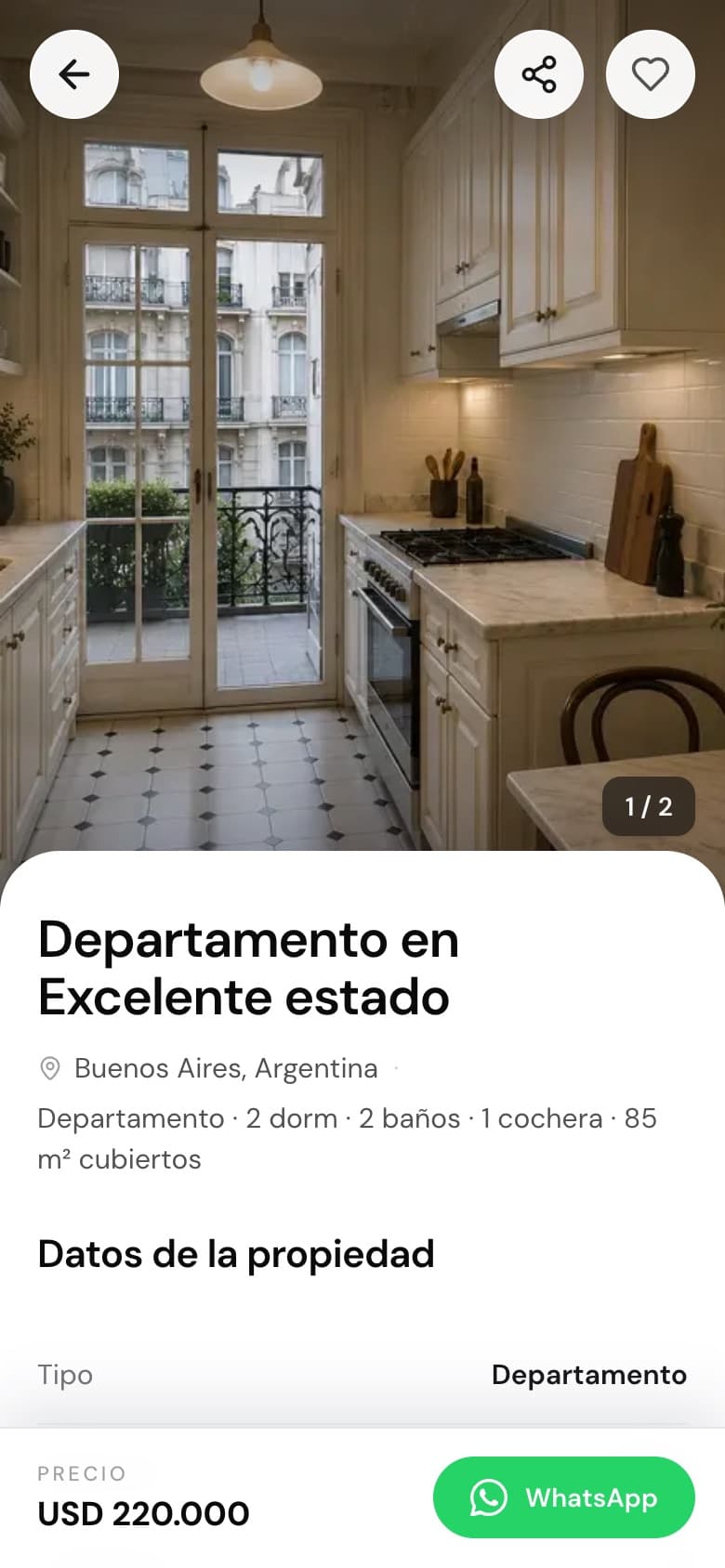 Ficha de una propiedad en un sitio creado con Senda, en el celular